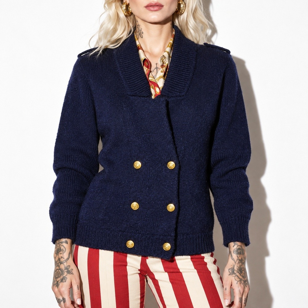 90s Vintage Navy Double Breasted Cardigan Womens PS Petite Military Gold Buttons